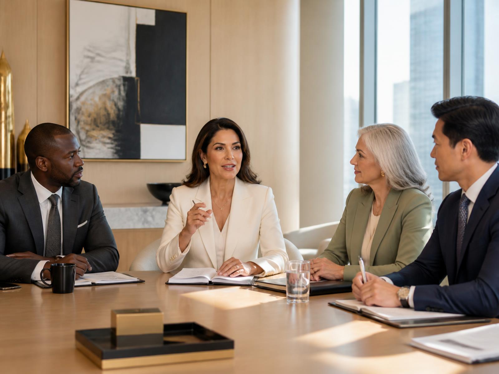 Two senior executives in a thoughtful advisory conversation in a modern office with natural light