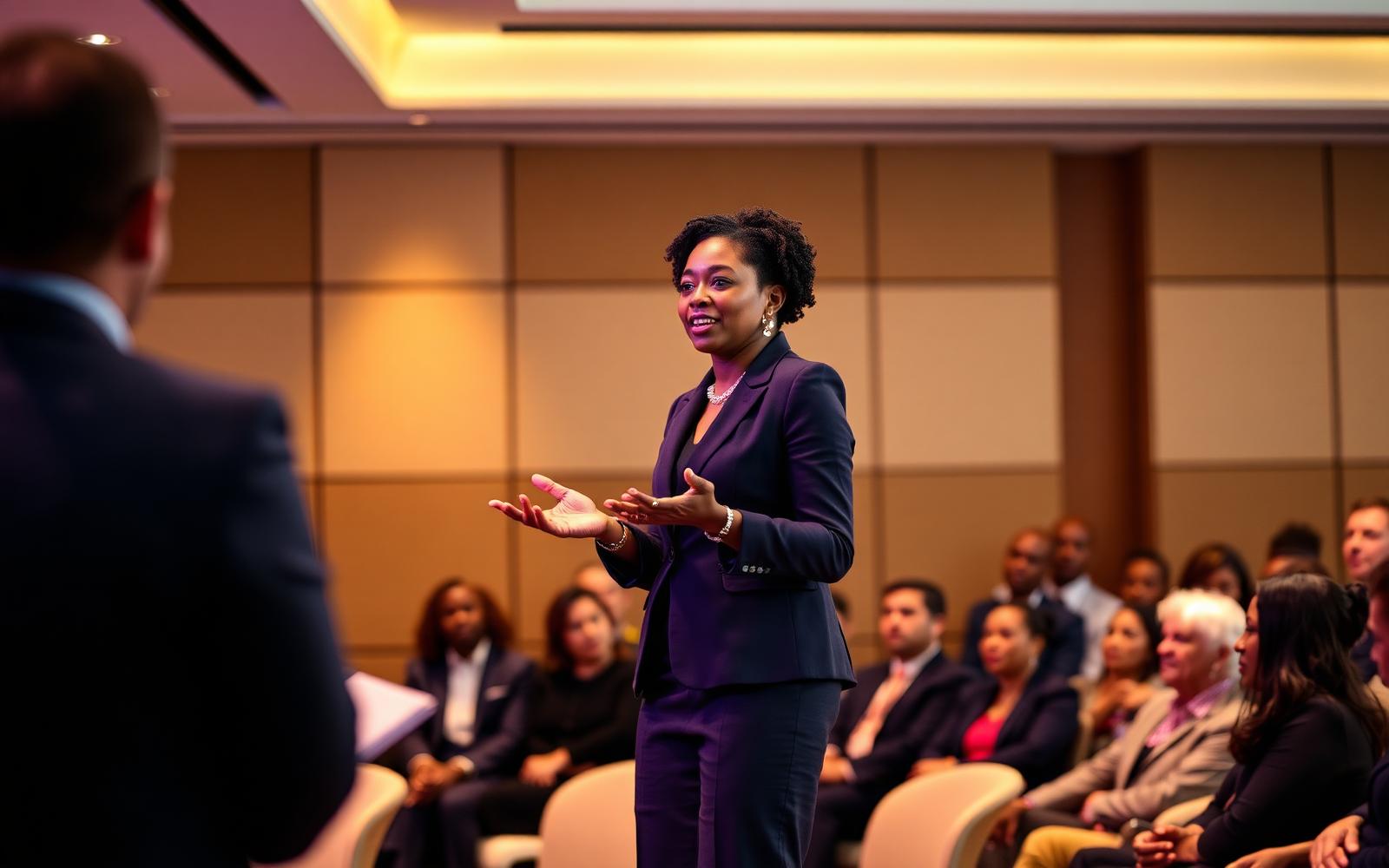 Executive speaker addressing a diverse audience of leaders at a leadership conference