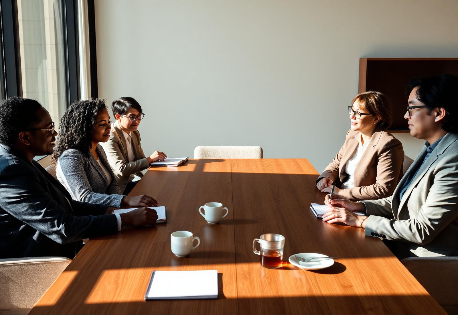 Diverse executive team in a facilitated retreat discussion around a warm-lit boardroom table